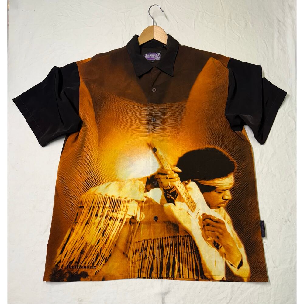 Vintage Jimi Hendrix Shirt Mens XL Button Up All Over Print Dragonfly Y2K